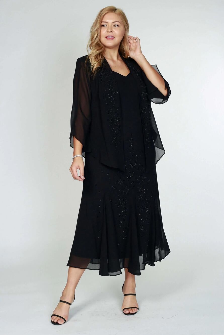 R&M Richards Beaded Godet Jacket and Dress Set Black NWT Women's 16